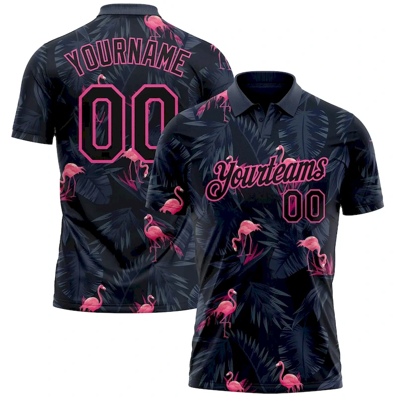 GolfPolo0391.webp Custom Black Pink 3D Pattern Design Flamingo Performance Golf Polo Shirt - Image 1