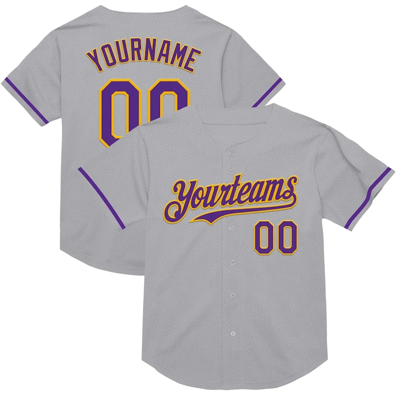 Gray0777.webp Custom Gray Purple-Gold Mesh Authentic Throwback Baseball Jersey - Image 1