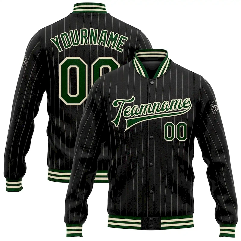 Jacket1419.webp Custom Black Cream Pinstripe Green Bomber Full-Snap Varsity Letterman Jacket - Image 1