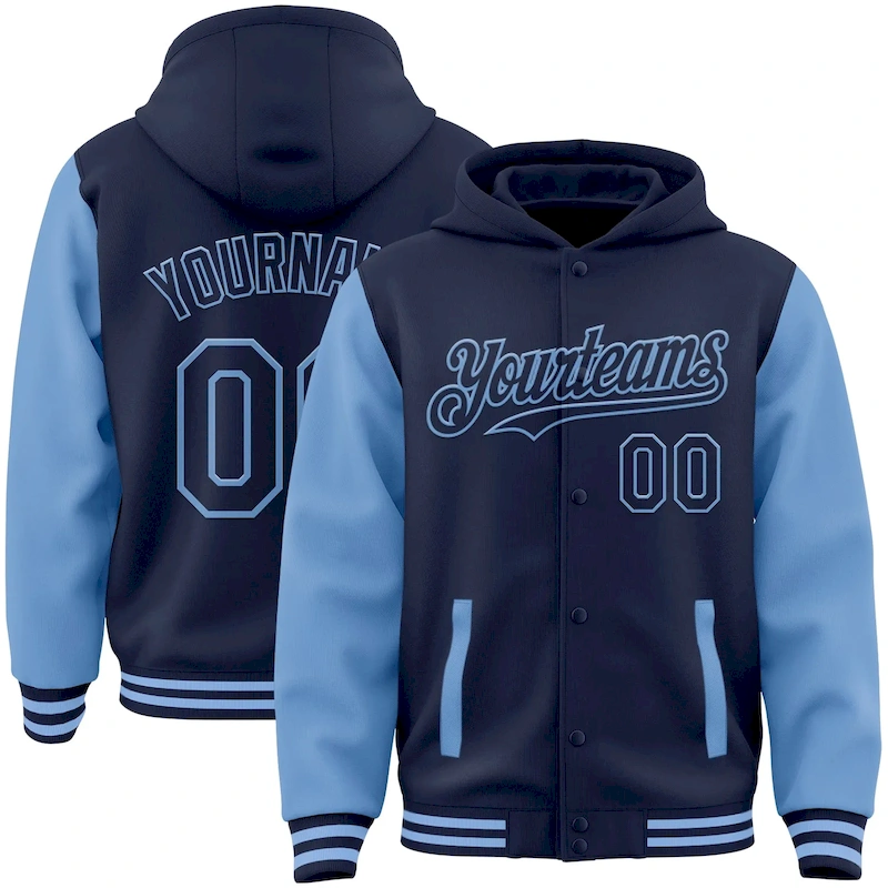 Jacket3167_d0e78d3f-c0ee-4baf-926e-4824e97d428e.webp Custom Navy Light Blue Bomber Full-Snap Varsity Letterman Two Tone Hoodie Jacket - Image 1