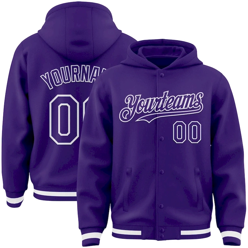 Jacket3580.webp Custom Purple White Bomber Full-Snap Varsity Letterman Hoodie Jacket - Image 1